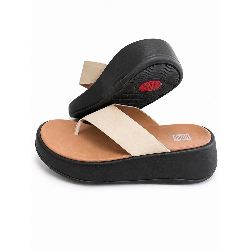 FitFlop F-Mode Flatform Toe Post Sandals Beige Black Leather Women's Size 6